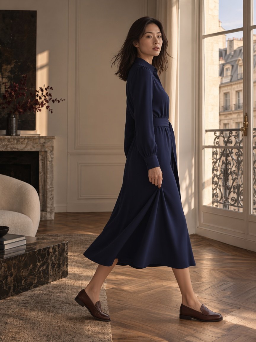 Navy Belted Midi Dress